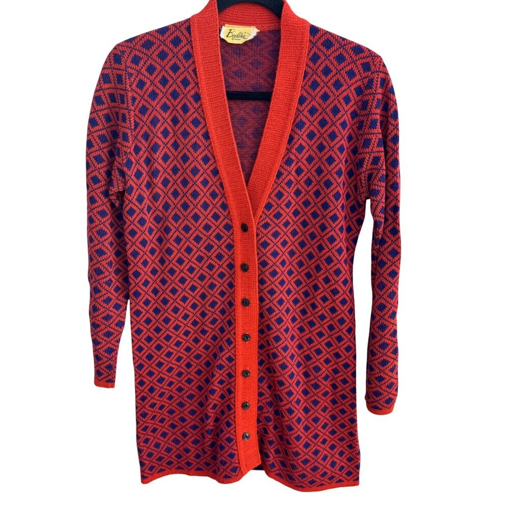 Beeline Vintage 60s 70s Mod Geometric Diamond Knit Cardigan Sweater M Rockabilly